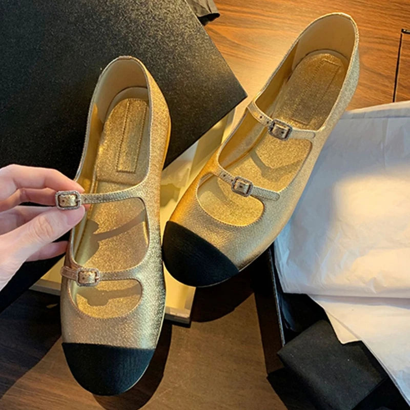 Elegant Mary Jane Shoes Women Belt Buckle Mixed Color Shallow Fashion Dress Shoes Ladies Round Toe Flats Shoes Zapatos De Mujer