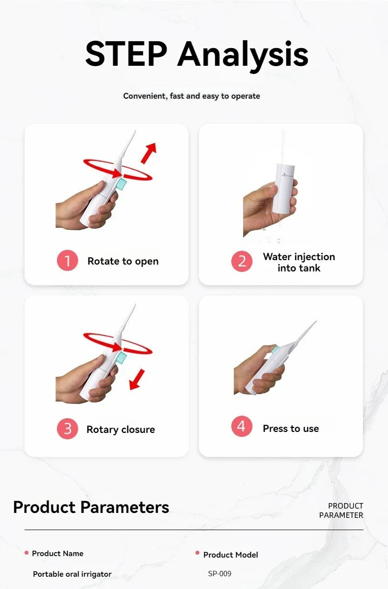 Portable High Pressure Oral Irrigator Household Dental Floss Manual Water Toothpick for Teeth Cleaning