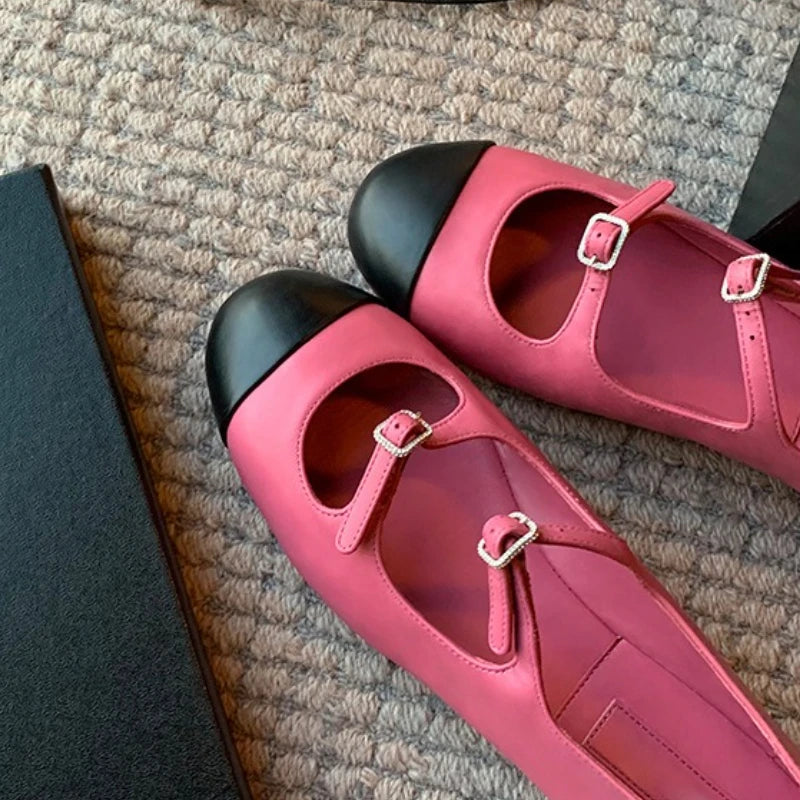 Elegant Mary Jane Shoes Women Belt Buckle Mixed Color Shallow Fashion Dress Shoes Ladies Round Toe Flats Shoes Zapatos De Mujer