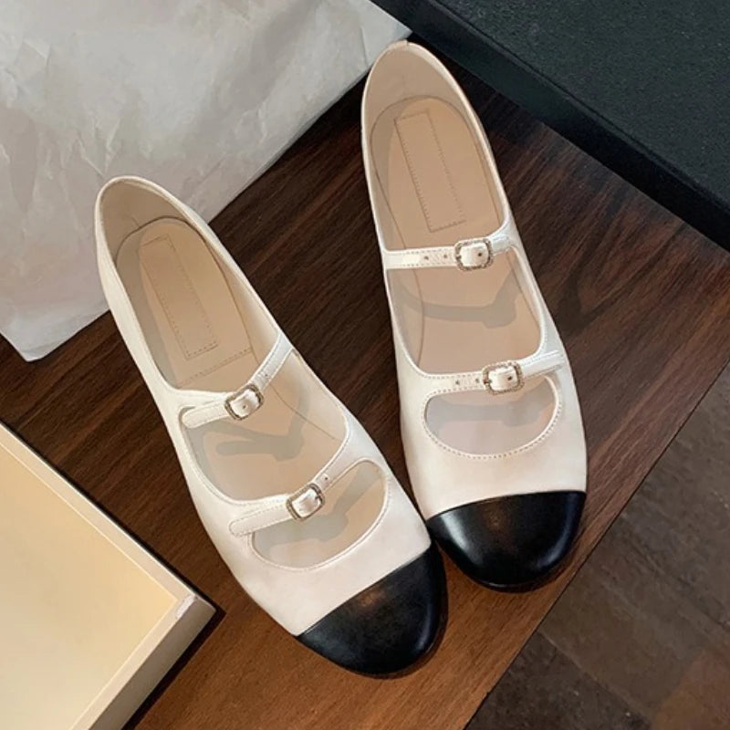 Elegant Mary Jane Shoes Women Belt Buckle Mixed Color Shallow Fashion Dress Shoes Ladies Round Toe Flats Shoes Zapatos De Mujer