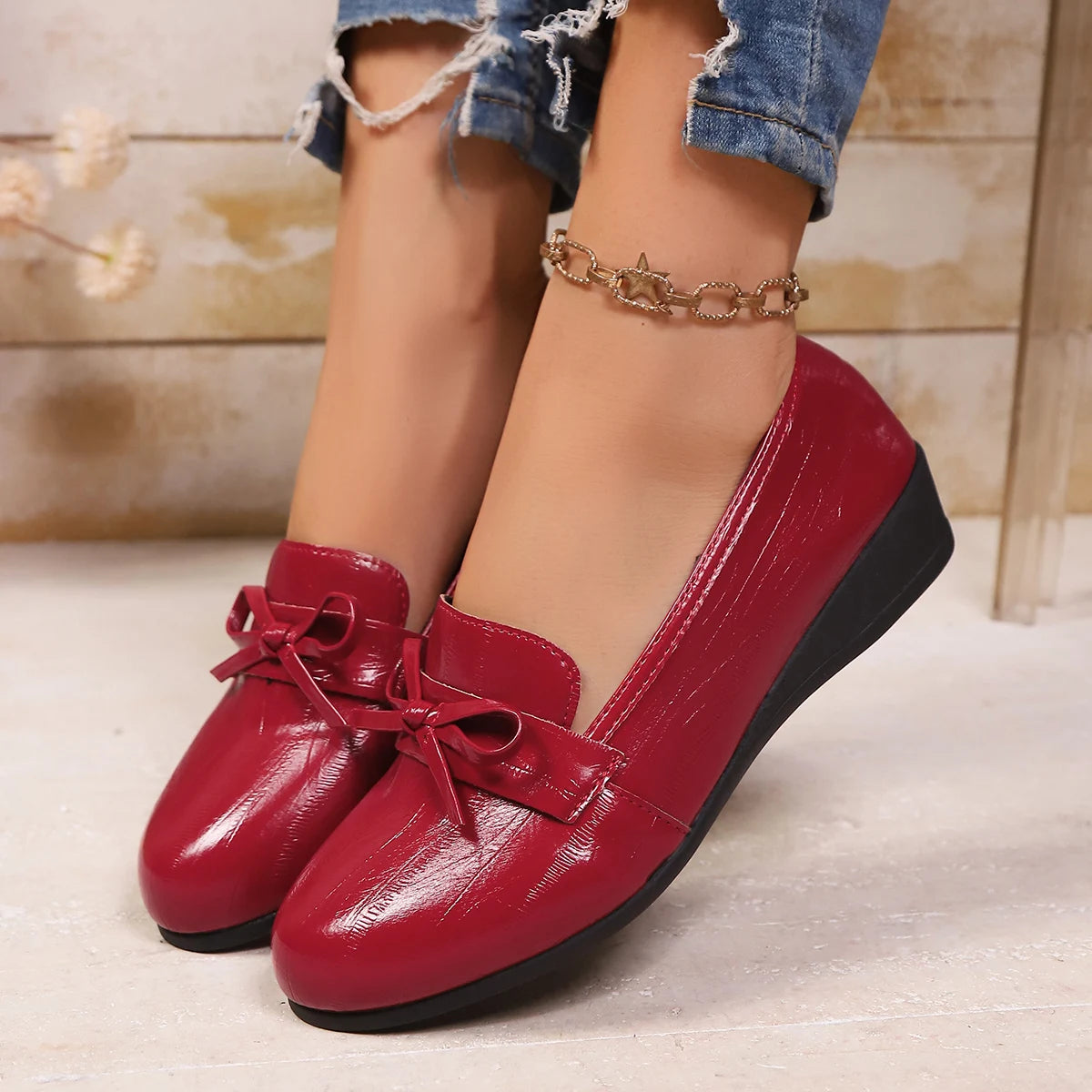 Fashion New Comfortable Bow Casual Shoes Spring and Autumn Shallow Mouth Round Head Slope Heel Thick Soled Women's Shoes