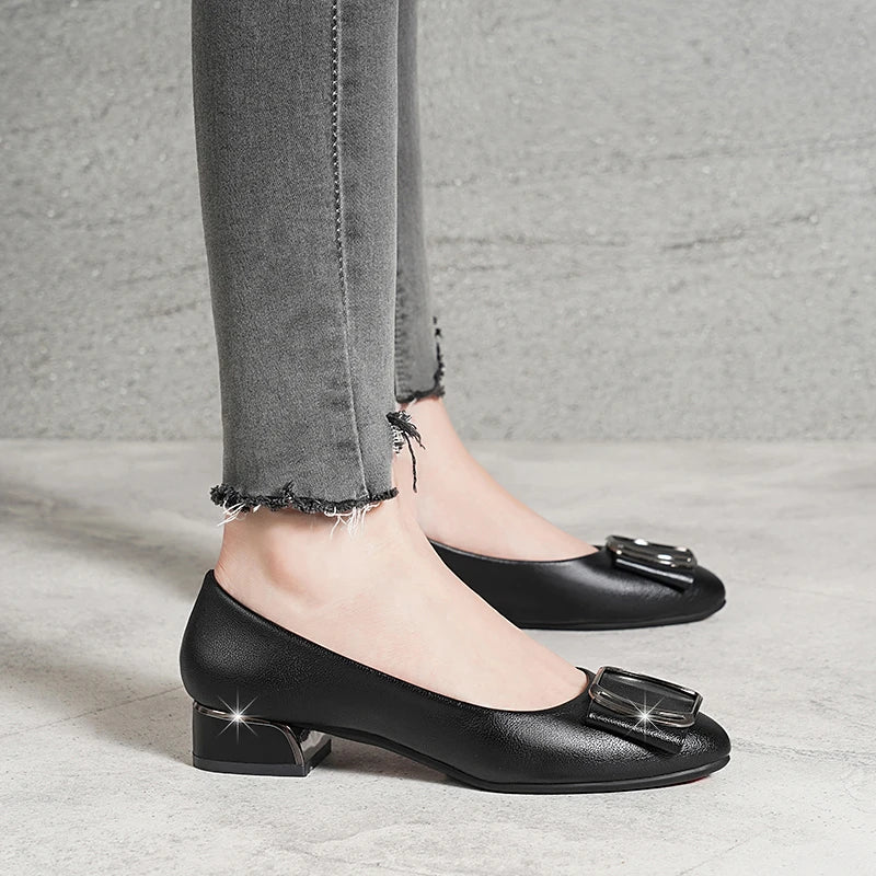 Brand Shoes Thick Heel Ladies Pumps Genuine Party Wedding Shoes Women Soft Cowhide Black Office Work Shoes
