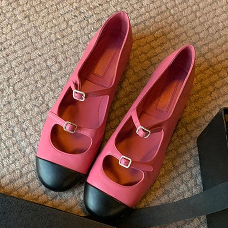 Elegant Mary Jane Shoes Women Belt Buckle Mixed Color Shallow Fashion Dress Shoes Ladies Round Toe Flats Shoes Zapatos De Mujer