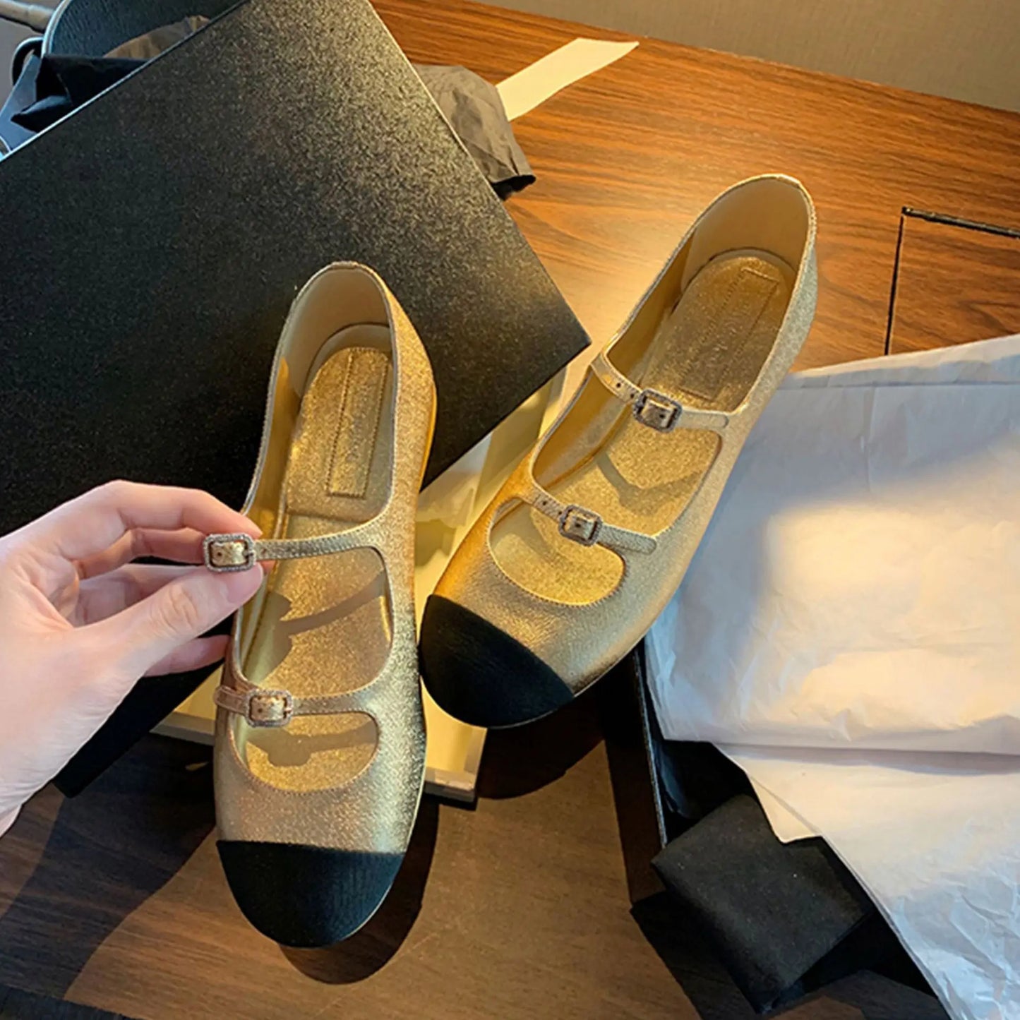 Elegant Mary Jane Shoes Women Belt Buckle Mixed Color Shallow Fashion Dress Shoes Ladies Round Toe Flats Shoes Zapatos De Mujer