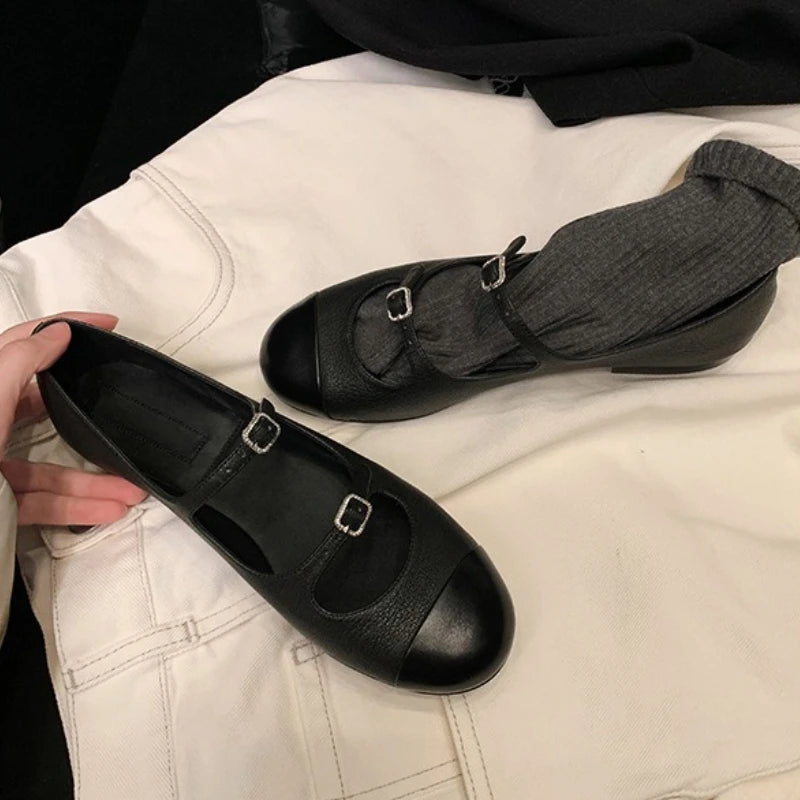 Elegant Mary Jane Shoes Women Belt Buckle Mixed Color Shallow Fashion Dress Shoes Ladies Round Toe Flats Shoes Zapatos De Mujer