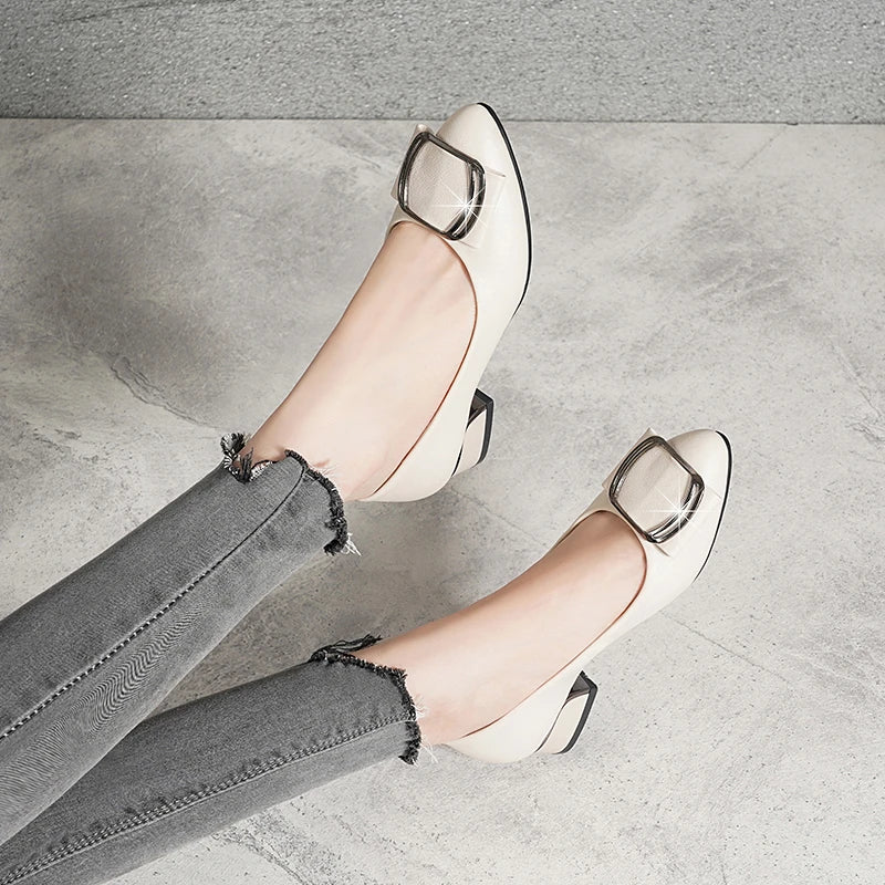 Brand Shoes Thick Heel Ladies Pumps Genuine Party Wedding Shoes Women Soft Cowhide Black Office Work Shoes