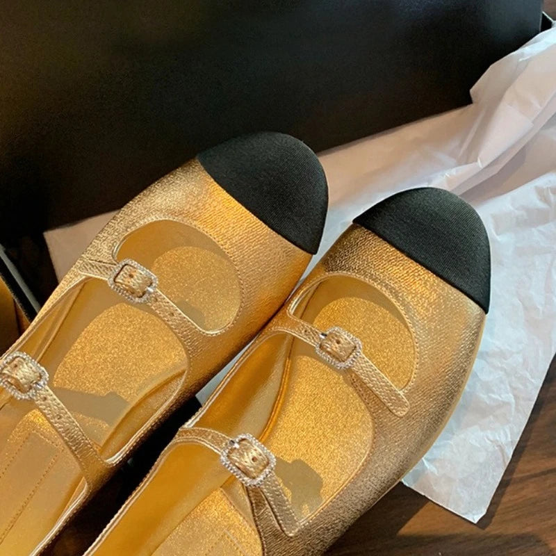 Elegant Mary Jane Shoes Women Belt Buckle Mixed Color Shallow Fashion Dress Shoes Ladies Round Toe Flats Shoes Zapatos De Mujer