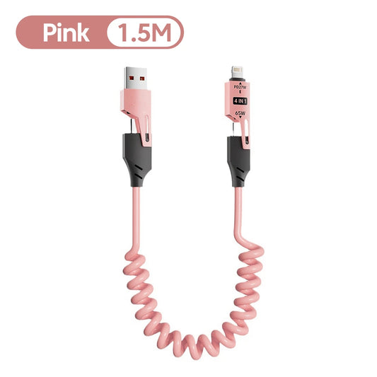 NNBILI 4 in 1 65W Spring Short Data Cable 6A USB Type C Spring Telescopic Quick Charger Wire Spring Cord for iPhone 15 14 13 11