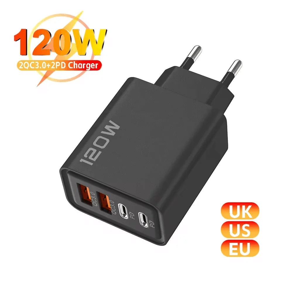 Total 120W 4-Port USB  Type C Fast  Wall Adapter for  Quick Charge Mobile Phone